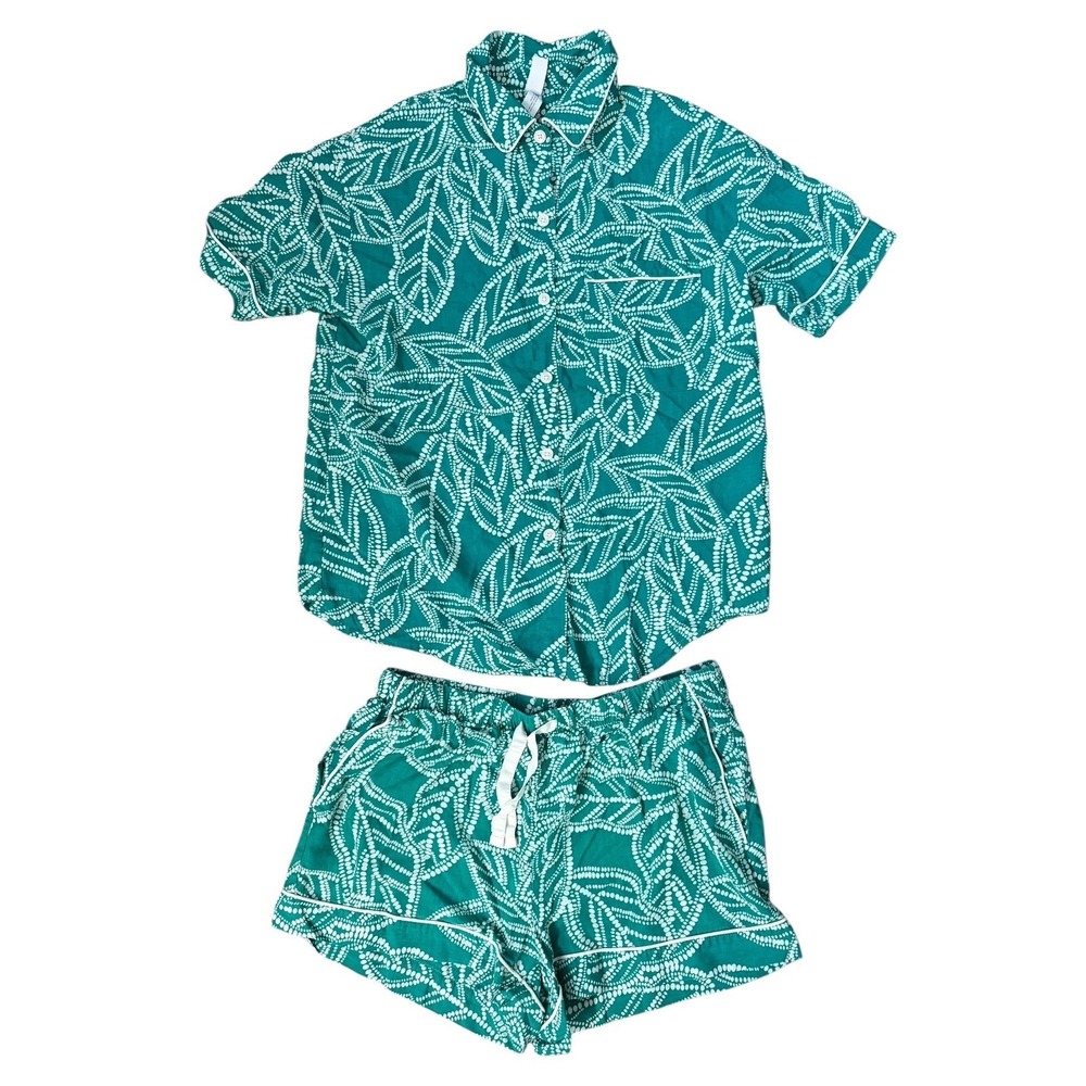 Stars Above Green Leaf Print‎ Pajama Set Womens S M Short Sleeve Lyocell 2pc - Picture 2 of 15